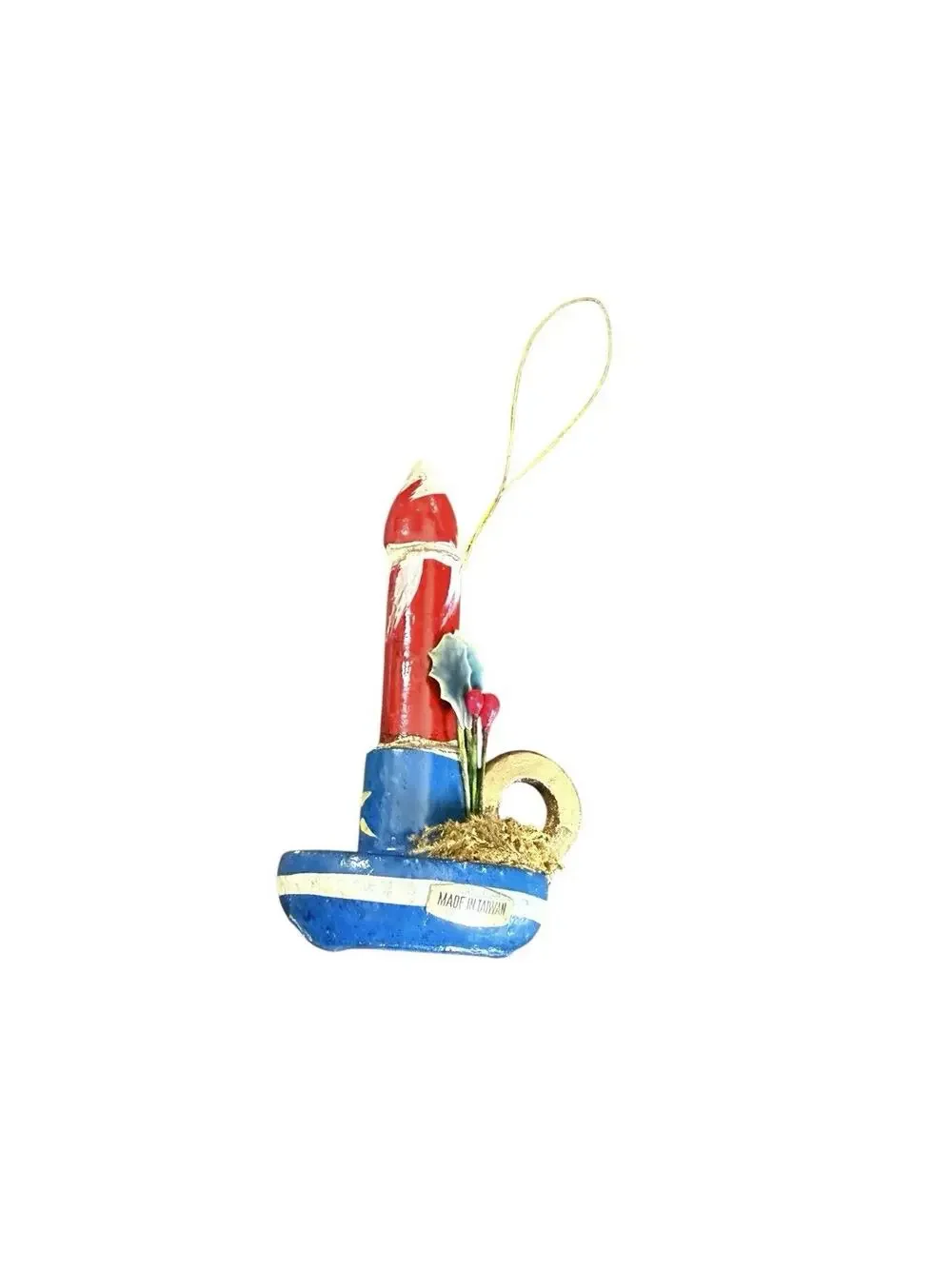 Wood Candle Candlestick Christmas Ornament Holiday Painted Vintage Taiwan